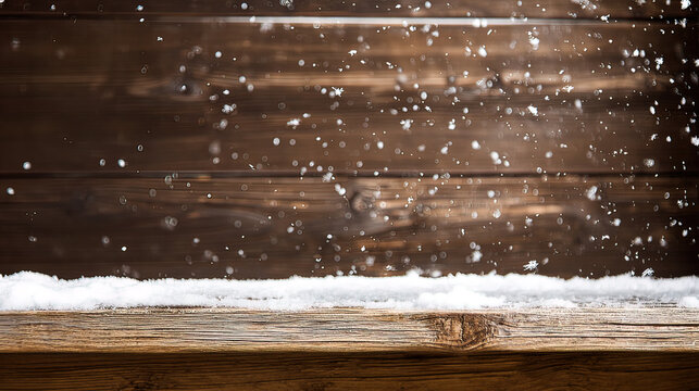 unanimity. Winter wooden surface with gentle snowfall, cold seasonal atmosphere. travel magazines, destination branding, designed for outdoor magazines and nature guides, inspires travel planning.
