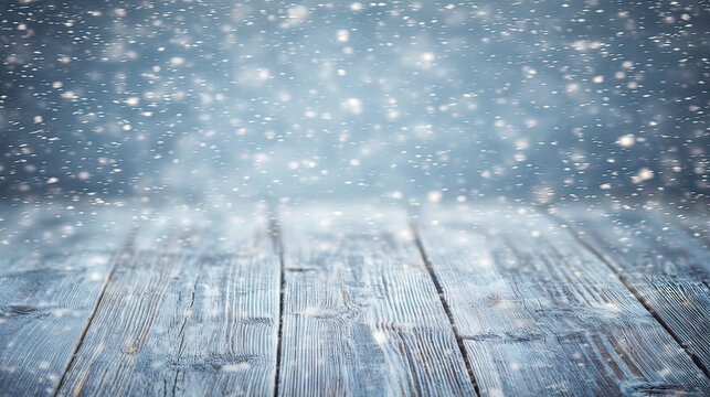 unanimity. Winter wooden surface with gentle snowfall, cold seasonal atmosphere. travel magazines, destination branding, designed for outdoor magazines and nature guides, inspires travel planning.
