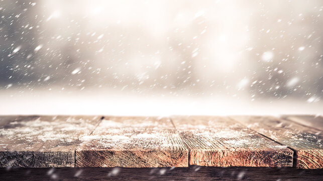 unanimity. Winter wooden surface with gentle snowfall, cold seasonal atmosphere. travel magazines, destination branding, designed for outdoor magazines and nature guides, inspires travel planning.

