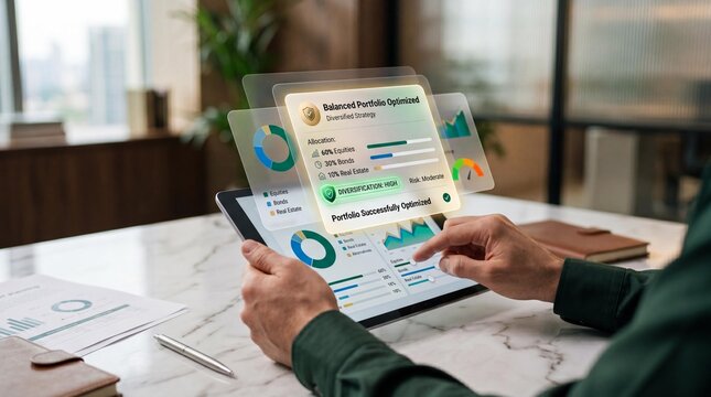 Professional analyzing financial portfolio allocation and investment strategy on digital tablet with data modern office