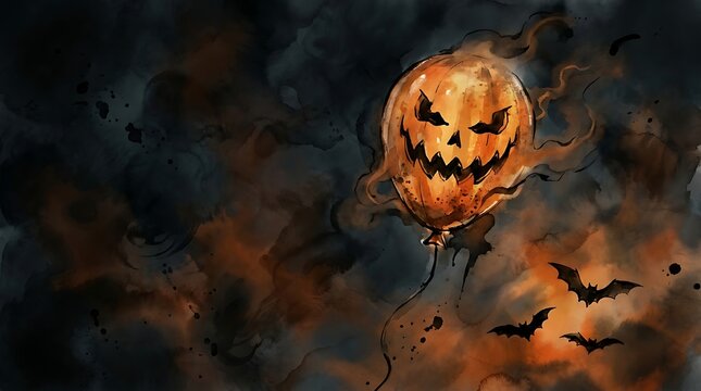 An artistic watercolor painting of a halloween pumpkin balloon with smoke and flying bats against a dark background.