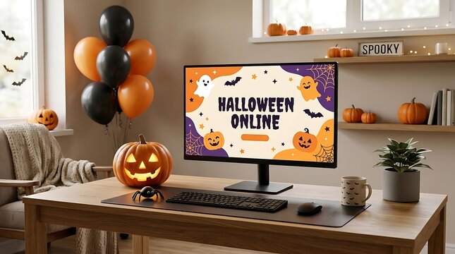 Halloween online website mockup on computer monitor screen at home office desk with spooky decorations and festive mood.