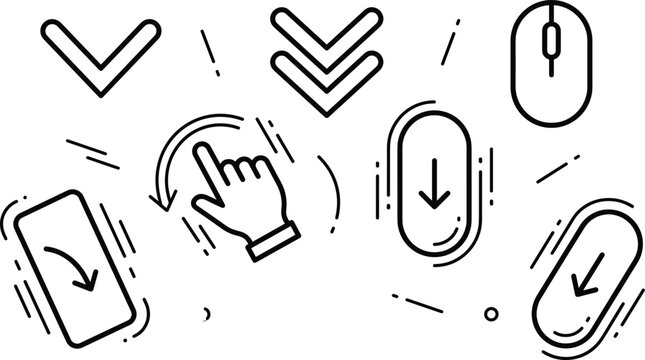 Scroll Down Navigation Icon Set with Computer Mouse, Hand Swipe Gestures, and Arrow Indicators for Responsive Web UX, Mobile Apps, and Interface Vector Designs