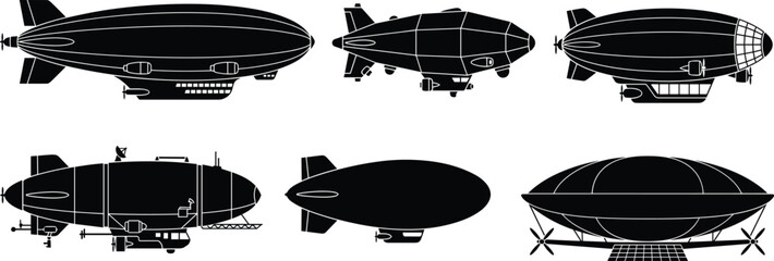Set of black airship dirigible blimp and steampunk aircraft silhouette icons for aviation and travel design projects © Asib