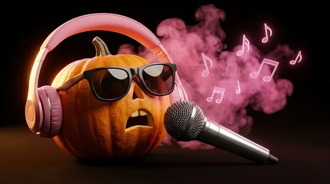 Funny halloween pumpkin wearing pink headphones and sunglasses singing into microphone with glowing pink musical notes art.