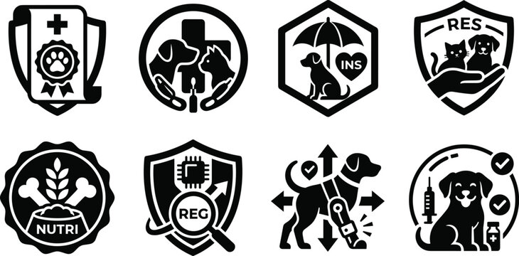 Collection of pet health and veterinary icons for insurance rescue nutrition microchipping and vaccination services