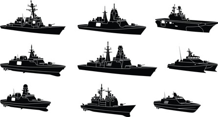 Set of modern military warship silhouettes including aircraft carriers destroyers and frigates for naval defense graphic design © Asib