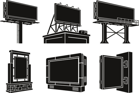 Set of outdoor billboard and urban advertising signage silhouettes for marketing and city infrastructure vector illustration