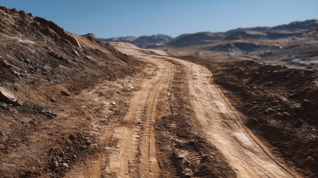 Muddy Tracks Carved into Ground by Heavy War Machinery on Rocky Terrain
