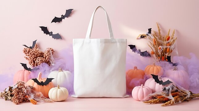 Blank white cotton tote bag mockup for halloween shopping and promotional design with pastel pumpkins and black bat wings.