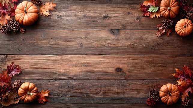 Warm autumn leaves pumpkins pinecones on wood