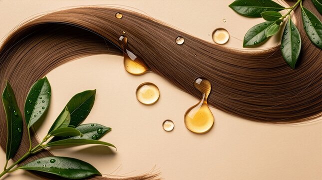  Shiny brown hair strands waving smoothly with golden oil droplets and green organic leaves on a beige background, symbolizing natural herbal hair care treatment and premium wellness