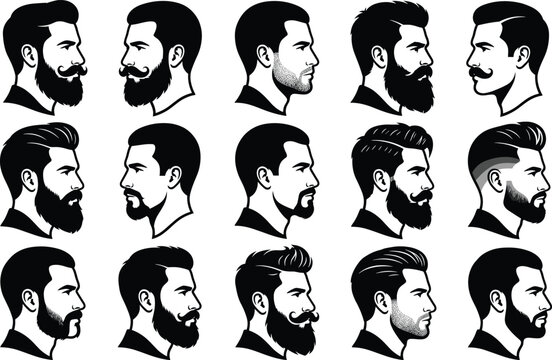 Male Hairstyle and Beard Silhouette Collection for Barber Shop and Grooming Design Concepts