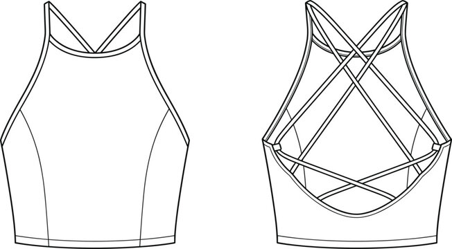 Women athletic crop top fashion flat sketch with strappy crisscross back design for yoga and fitness apparel