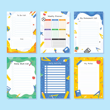 Colorful educational planner and homework sheets set