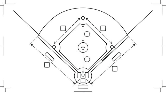 Baseball Field Diamond Layout Vector Blueprint with Field Dimensions, Base Positions, and Technical Schematic Lines for Sports Rulebooks, Stadium Planners, and Athletic Application Graphics