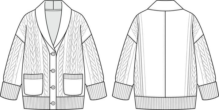 Technical fashion sketch of a women's cable knit cardigan with shawl collar and patch pockets design template