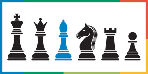 Chess icon set with modern flat and outline style icons representing king, queen, rook, bishop, knight, pawn, and board strategy, minimal design for game apps, tournaments, websites, logos,  ©   
