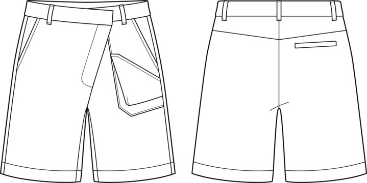 Technical fashion sketch of men's casual wrap shorts with unique front overlap and belt loop waist design