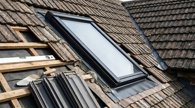 Skylight window installation in progress on a residential tiled roof, a significant home renovation step to maximize natural light and improve attic ventilation
