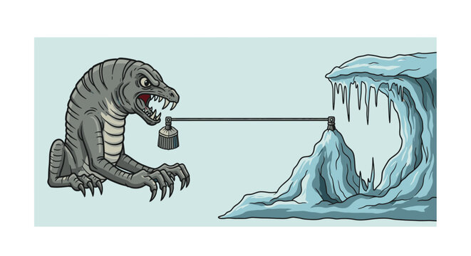 Monster pulling weight attached to ice structure illustration