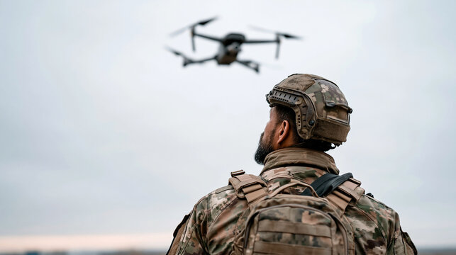Photorealistic military documentary photograph, rear view of a lone Ukrainian Army soldier standing beneath a large military quadcopter drone. Soldier looking straight up, neck ful