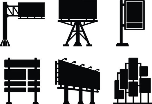 Set of black outdoor billboard and advertising signage silhouette icons for city street and highway marketing projects