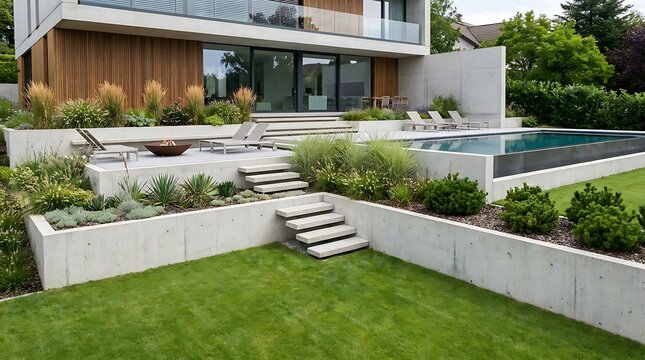 Modern architectural home exterior with a multi-level terraced garden, inviting swimming pool, and elegant concrete steps, creating a luxurious outdoor oasis