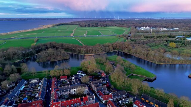 Aerial wide angle panoramic view of historic star fortress green earthwork bastions with old stone bunkers and defensive moats under a dramatic evening sunset sky