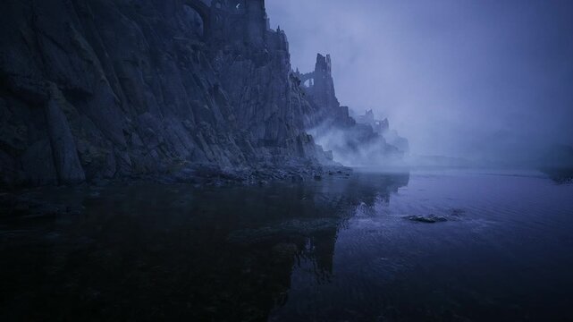 Peaceful waters with jagged rocks. Calm lagoon mirrors rugged basalt cliffs in mist. Tranquil twilight scene with shimmering water and soft fog