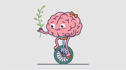 Cute Cartoon Brain Character Riding Unicycle Holding Flower Branch, Flat Design Illustration with Orange Bow and Yellow Sparkles, Light Gray Background with Copy Space © Zanu