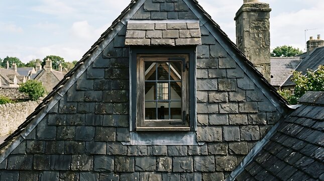 Close-up of a weathered slate roof with a rustic wooden dormer window, showcasing traditional architecture and historic charm under bright daylight