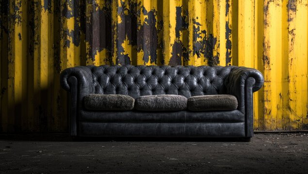 A dark leather tufted sofa sits before a distressed yellow corrugated metal wall