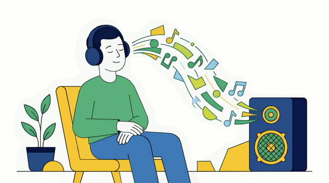 Flat Design Illustration of a Person Wearing Headphones, Enjoying Music Emanating from a Speaker with Abstract Shapes and Notes, Relaxing Indoors with a Potted Plant and Copy Space
