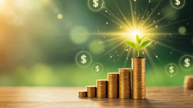 Growing financial investment concept with coins stacked and plant sprouting for wealth and success