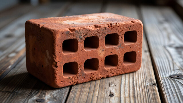Hollow red brick on weathered wooden surface