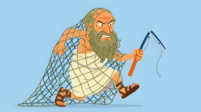 Ancient Greek Philosopher Caught in Fishing Net, Struggling with Angry Expression and Holding Broken Rod, Flat Vector Illustration
