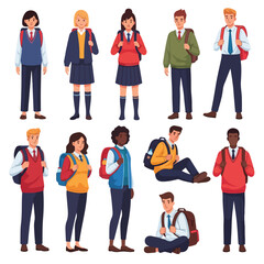 Obraz premium Diverse School Students Character Collection with Backpacks and School Uniforms Flat Vector Set