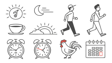 Fototapeta premium Morning routine vector icon set with sunrise alarm clock rooster coffee jogging and calendar symbols