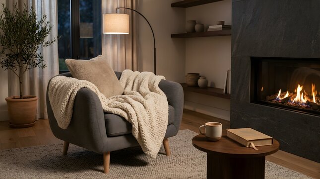 Cozy gray armchair with blanket beside a fireplace in a modern home