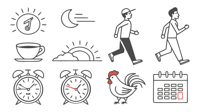 Morning routine vector icon set with sunrise alarm clock rooster coffee jogging and calendar symbols