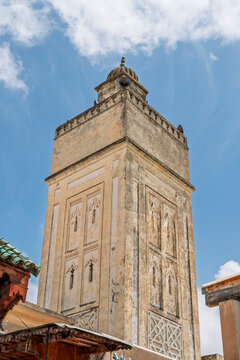 Minaret Close-up with Carved Details at the Mosque Al-Beida, Fes, Morocco