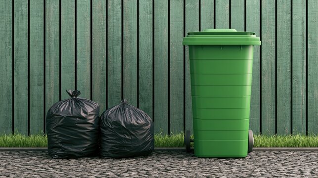 Green wheeled bin and tied black trash bags stand by wooden fence