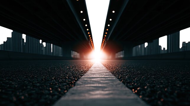 A starkly lit highway stretches towards a bright, fiery sun under an overpass