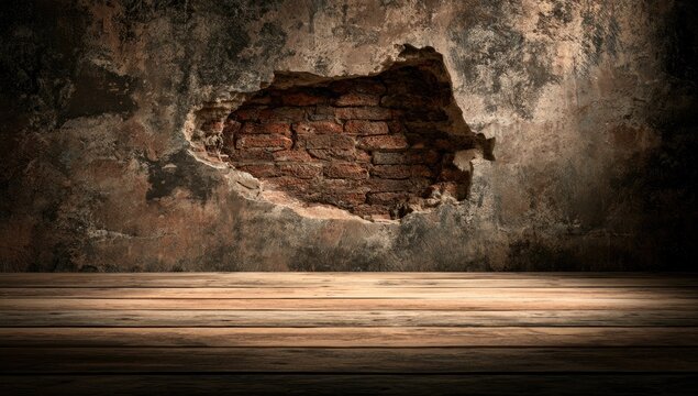 Cracked old brick wall with exposed interior and worn wooden floor