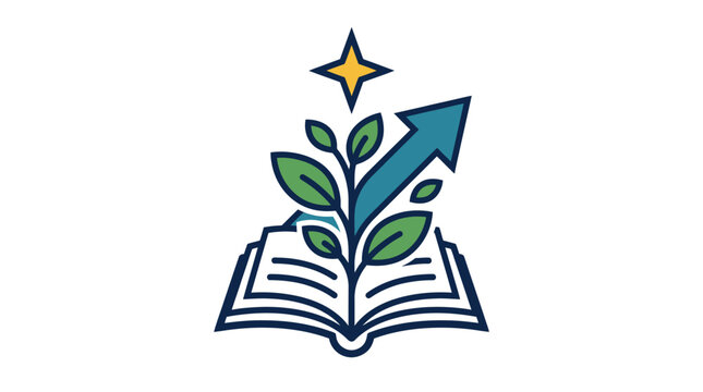 A logo of a growing plant emerging from an open book with an upward arrow.
