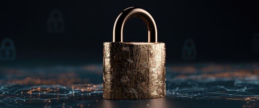 A golden padlock stands on a dark background with digital connections