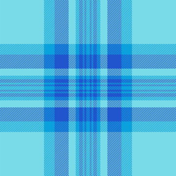 Decorate vector fabric seamless, handkerchief pattern check textile. Male background tartan plaid texture in cyan and blue colors.