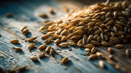 Obraz premium Close-up macro shot of golden barley grains spilling across a rustic wooden surface