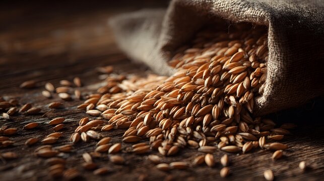 Macro view of barley grains spilling from a burlap sack onto a rustic wooden surface